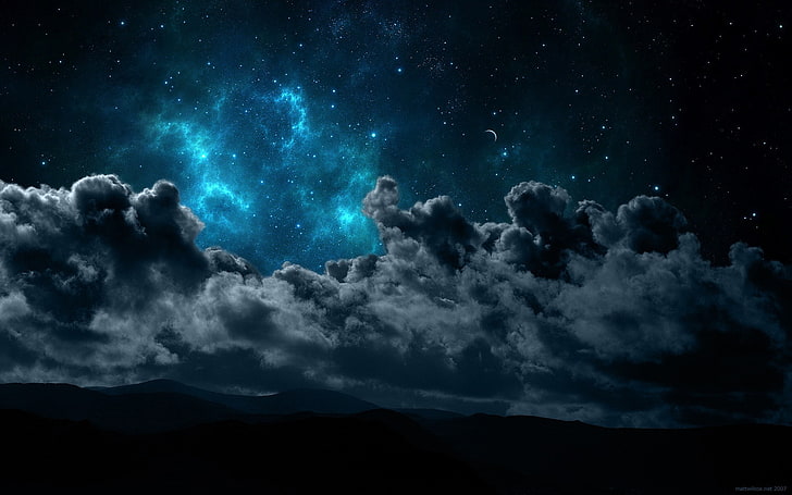 space, stars, clouds, night, landscape, mountains, silhouette, HD wallpaper