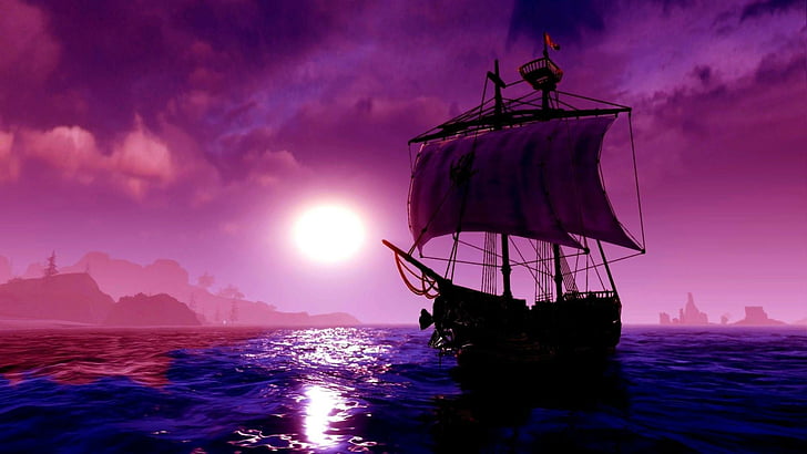 sailing ship, fantasy art, sea, sky, calm, night, ocean, moon