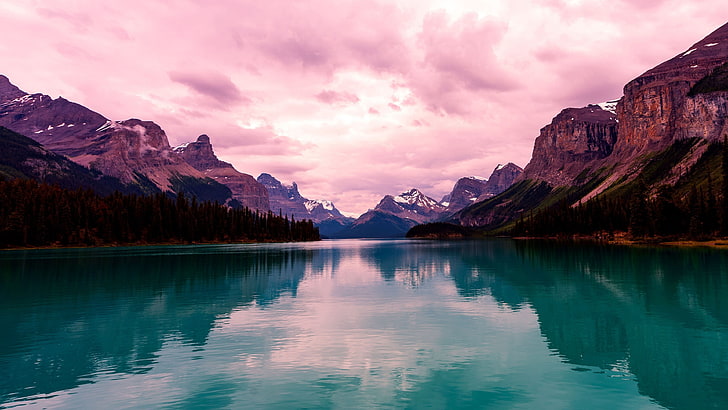 jasper national park, pink clouds, wilderness, mountain, water, HD wallpaper