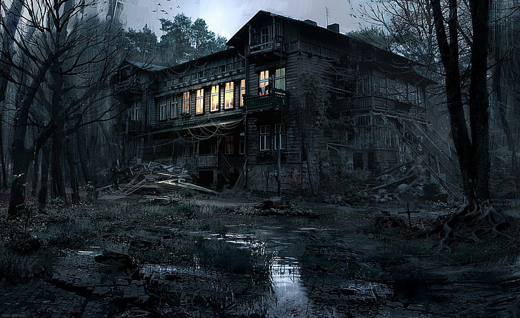 Dark, House, Black, Halloween, Haunted House, Light, architecture, HD wallpaper