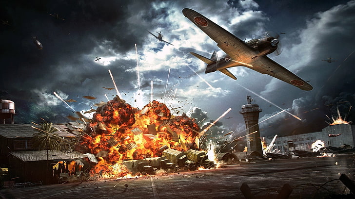 videogame wallpaper, fire, flame, explosions, attack, the airfield, HD wallpaper
