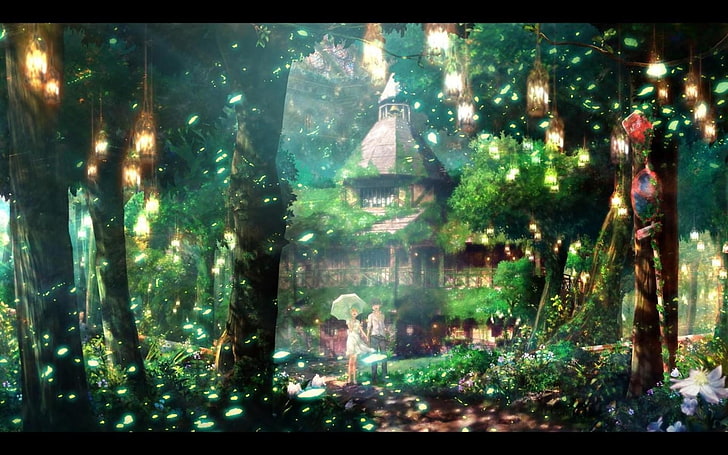 couple walking thru house, forest, trees, anime, artwork, fantasy art, HD wallpaper
