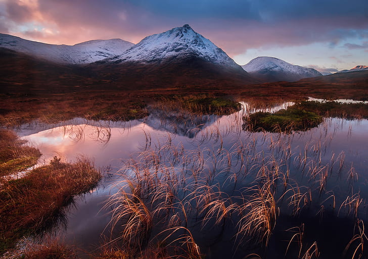 winter, the sky, grass, clouds, mountains, the evening, Scotland