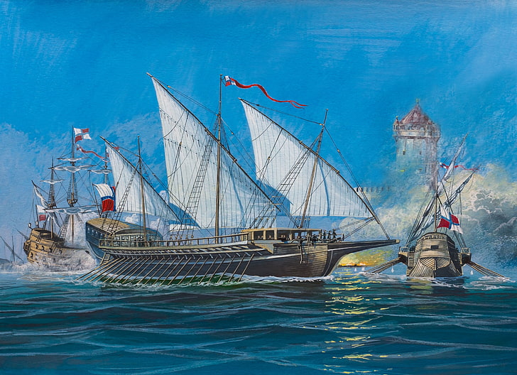 sailing boat painting, oil, explosions, ships, bursts, battle