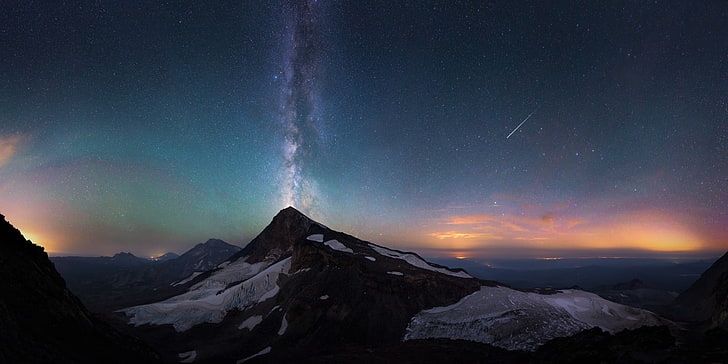 mountain peak, mountains, snow, stars, meteors, sunset, Milky Way, HD wallpaper