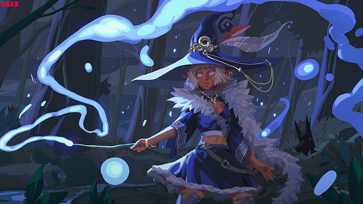 white haired female character in blue dress and hat illustration