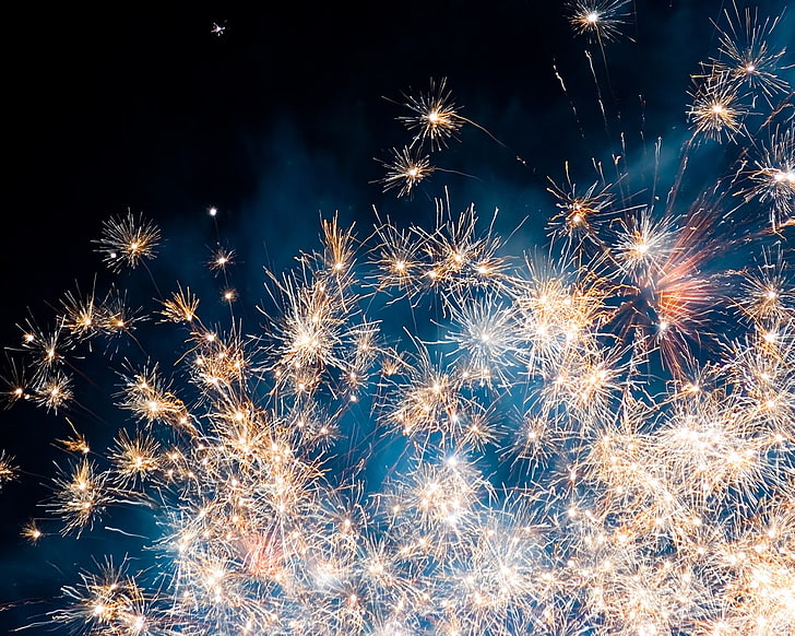 fireworks, sparkles, sky, night, lights, illuminated, celebration, HD wallpaper