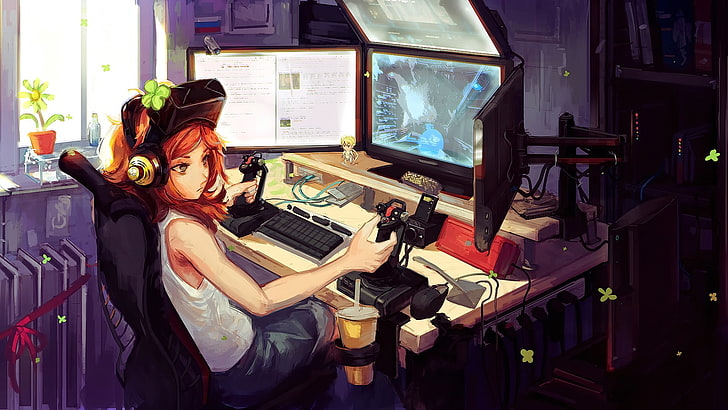 woman sitting beside computer desk with desktop computer set illustration