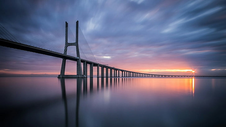 bridge, sunset, sky, reflection, horizon, cloud, calm, water, HD wallpaper