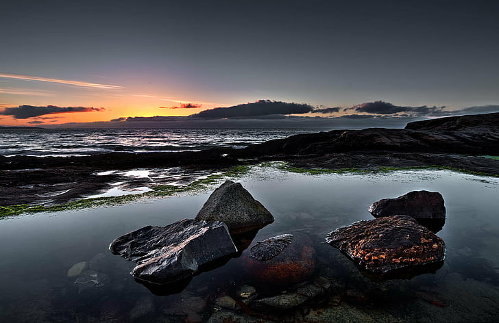 gray rocks on body of water during sunset, Last, Daylight, Landscape