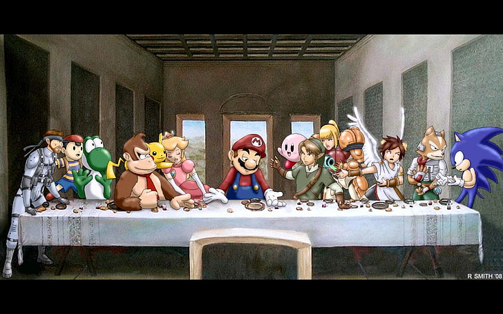 The Last Supper by Nintendo, digital art, Super Mario, Sonic