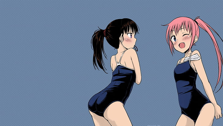 two girl wearing black onepiece swimsuits, school swimsuits, manga