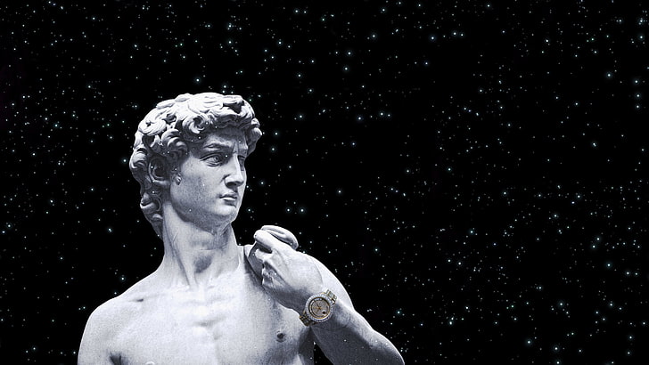 Statue of David, marble, Rolex, Gold Watch, space, stars, sculpture