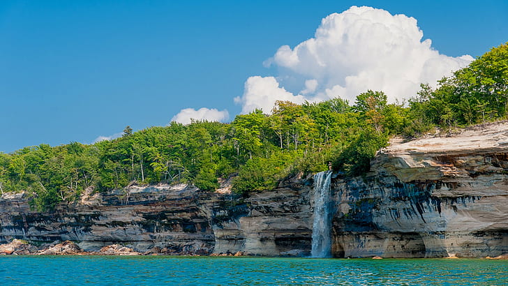 Michigan, United States, landscape, sky, Lake, beach, rocks, trees, HD wallpaper