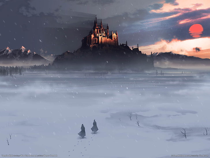 brown castle illustration, fantasy art, cold temperature, winter