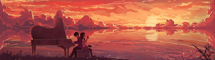 man playing grand piano illustration, landscape, anime, sunset