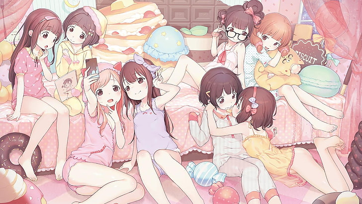 anime, anime girls, loli, pyjamas, pink pajamas, candies, original characters