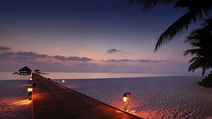 Paradise Pier, brown wooden dock, maldives, ocean, sunset, sand