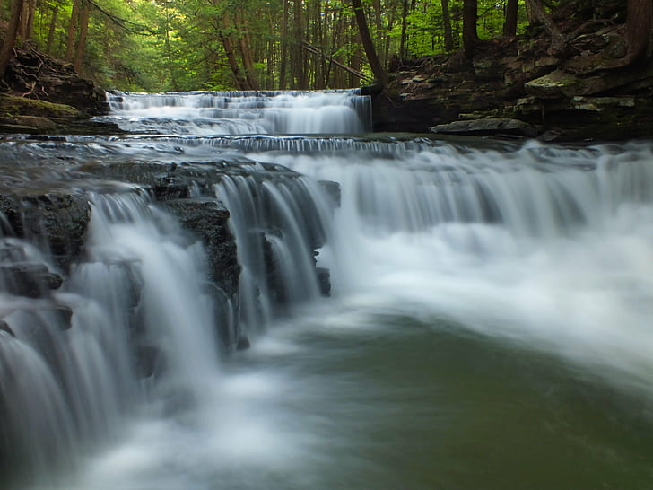 waterfalls between trees in time lapse photography, Fall Brook