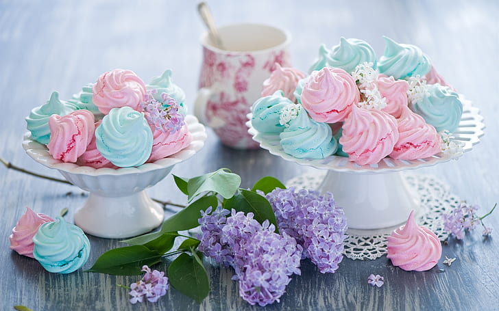 Meringues, sweet cakes, colorful, food, lilac flowers, HD wallpaper