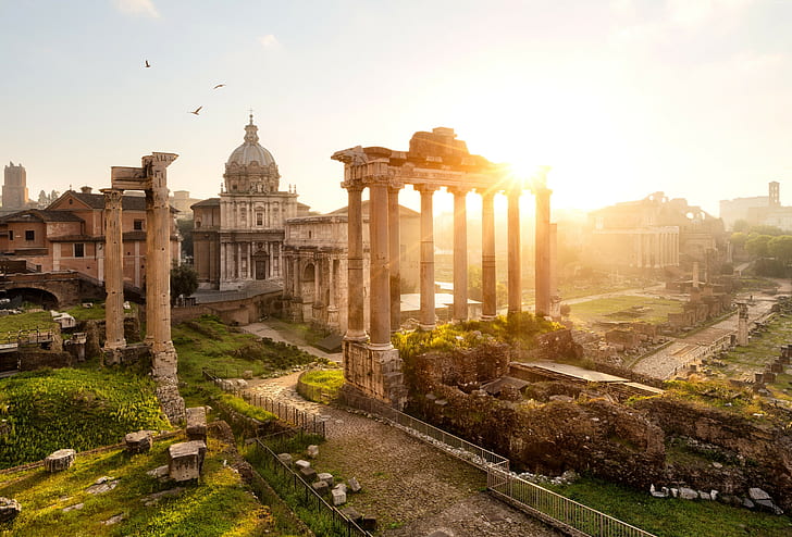 Forum Romanum, sun, old, travel, Arco di Settimio Severo, Templum Saturni, HD wallpaper