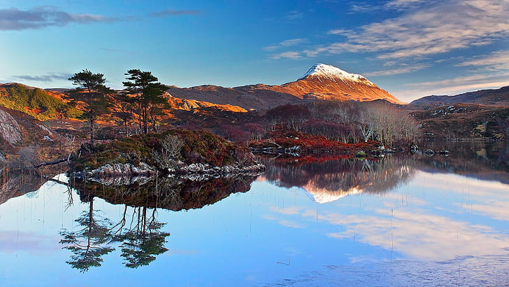Scotland landscape, lake, sky, clouds, sunset, mountains, snow, trees