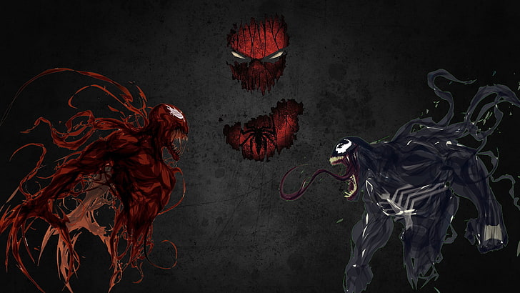Spider-Man, Carnage, Venom, symbols, indoors, studio shot, red, HD wallpaper