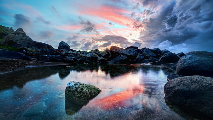 Pond, Virgin Islands, Rock, Landscape, Clouds, Sunset, Water, Caribbean, HD wallpaper