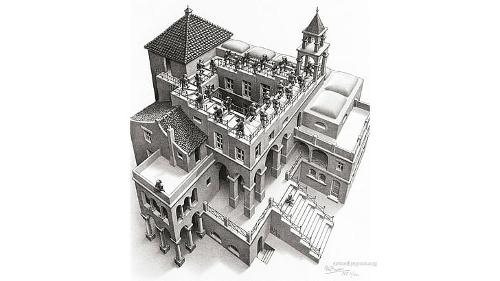 Arch, artwork, building, house, Lithograph, M. C. Escher, monochrome, HD wallpaper