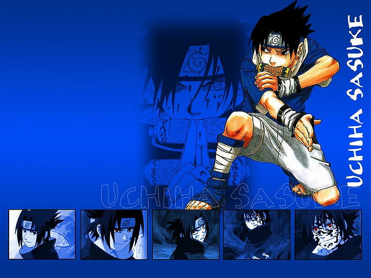 Naruto Shippuuden, Uchiha Sasuke, anime boys, blue background, HD wallpaper
