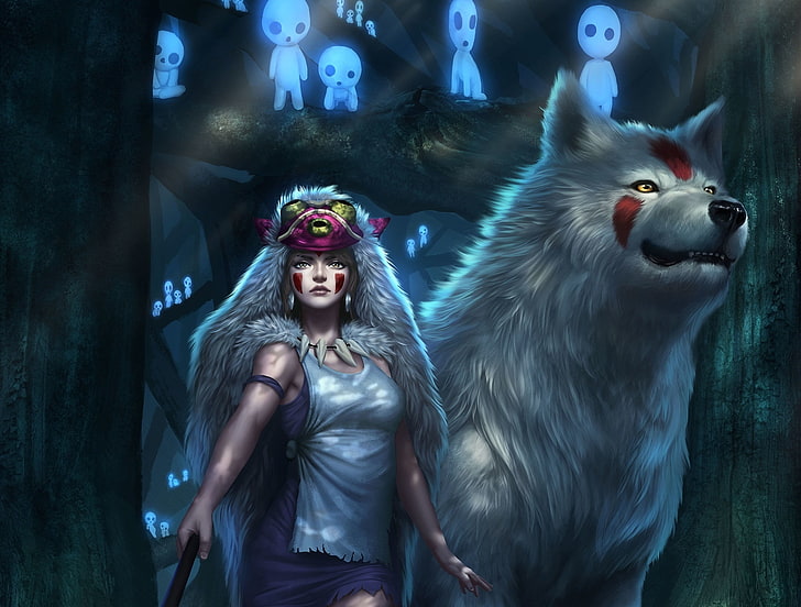 creature, fantasy art, fantasy girl, wolf, ghosts, Princess Mononoke, HD wallpaper