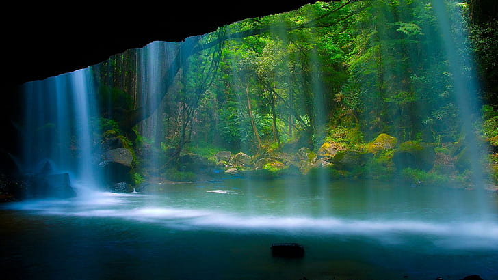 Nice waterfall desktop background picture, green trees, HD wallpaper