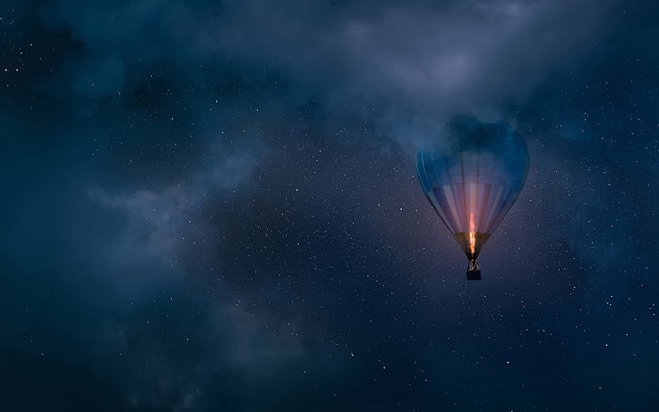 black and orange hot air balloon, sky, hot air balloons, space, HD wallpaper