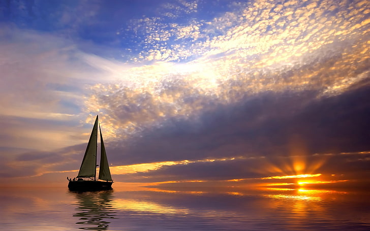 sailing ship, boat, sky, sunlight, sea, clouds, nautical vessel