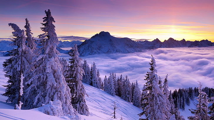 freezing, frozen, snowy, slope, clouds, alps, morning, ridge