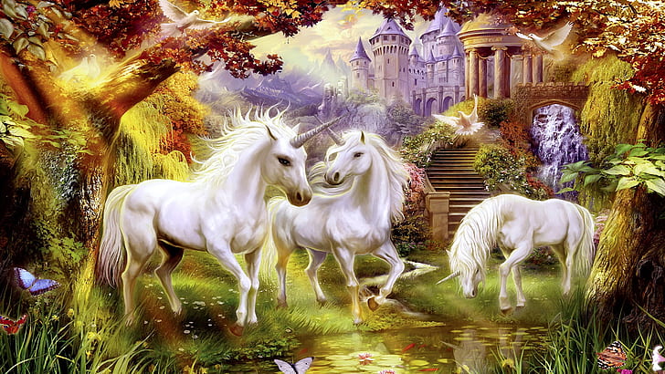 fantasy art, unicorns, mythical creature, mane, painting, legendary creature