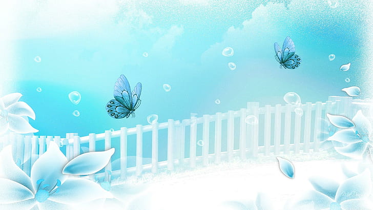 Aqua Flower Dreamer, cyan, fleur, papillon, turquoise, butterfly