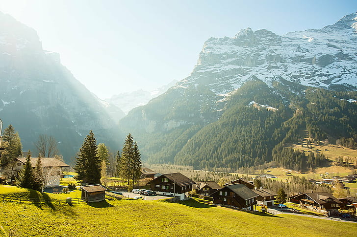 landscape photograph of town near mountains, grindelwald, switzerland, grindelwald, switzerland, HD wallpaper