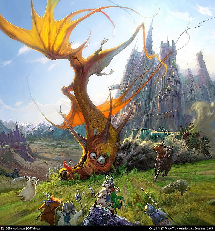 orange dragon digital wallpaper, castle, fantasy art, digital art, HD wallpaper
