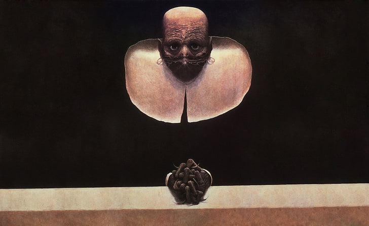 Zdzislaw Beksinski Confession, man's face and hand brown and black digital wallpaper, HD wallpaper