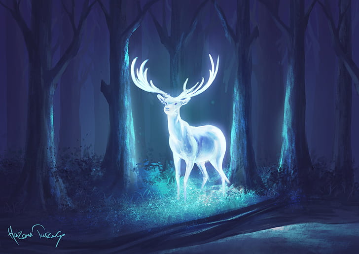 digital art, deer, forest, neon, fantasy art, blue