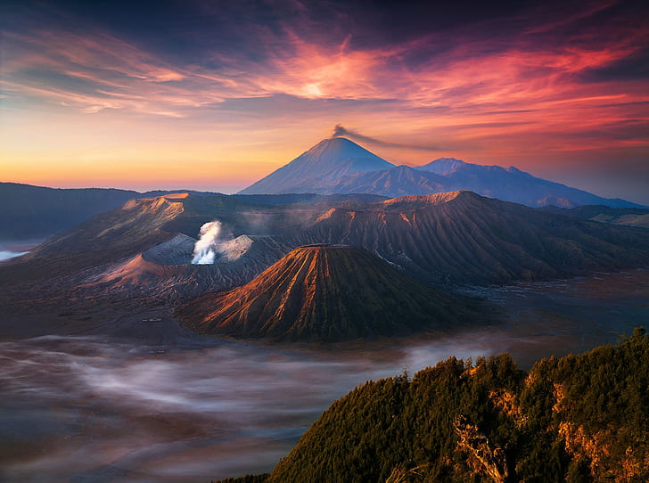 Indonesia, Java, volcanic caldera complex, sky, morning, clouds, HD wallpaper