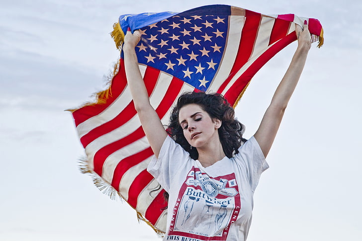 women's white shirt, Lana Del Rey, flag, closed eyes, patriotism