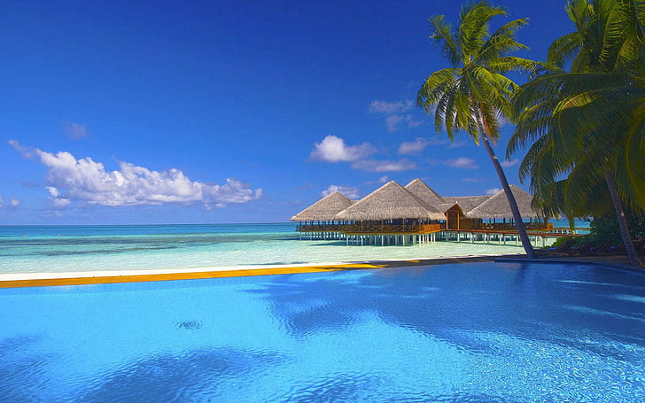 Holiday In Maldives Ocean Palm Trees Waves Blue Sky Sand Beach Summer House Exotic Tropical Hd Wallpaper For Desktop 2560×1600