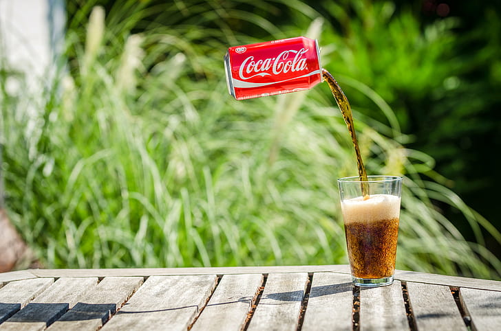 floating red coca-cola can transferring into drinking glass, Levitating, HD wallpaper