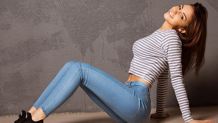 women's blue jeans, model, Galina Dubenenko, smiling, looking at viewer
