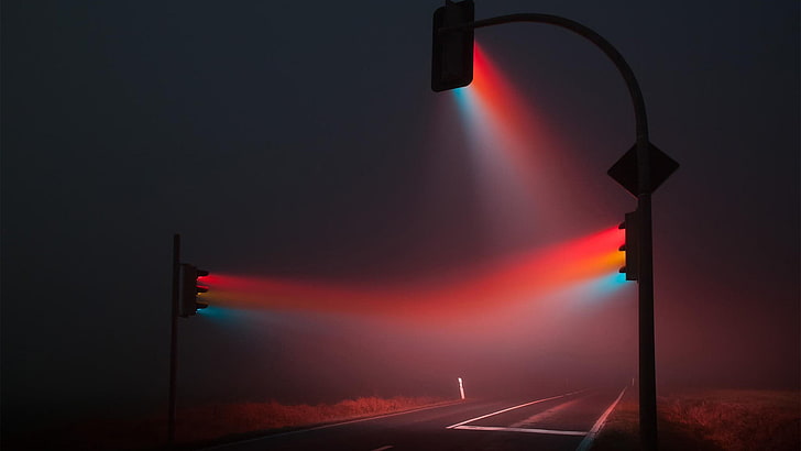 three traffic lights, mist, photo manipulation, photography, night, HD wallpaper