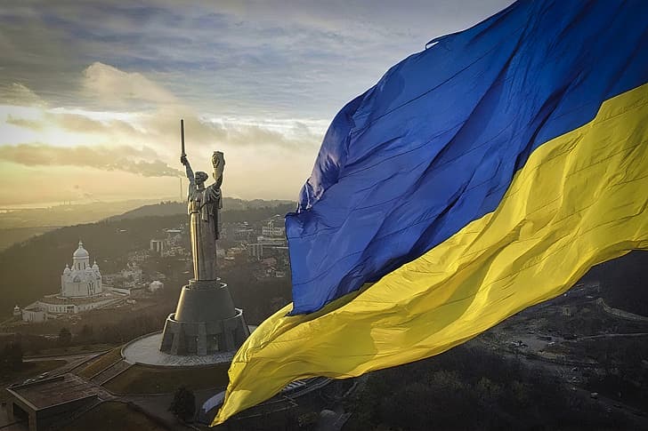 Ukraine, flag, monument, World War II, Kyiv
