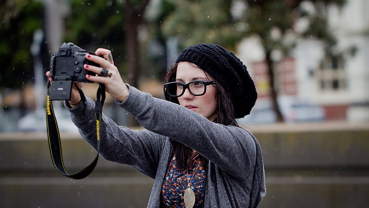 women's black knitted cap, Nikon, selfies, fake glasses, camera