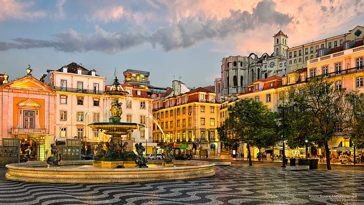 Rossio Square, Lisbon, Portugal, Europe, HD wallpaper